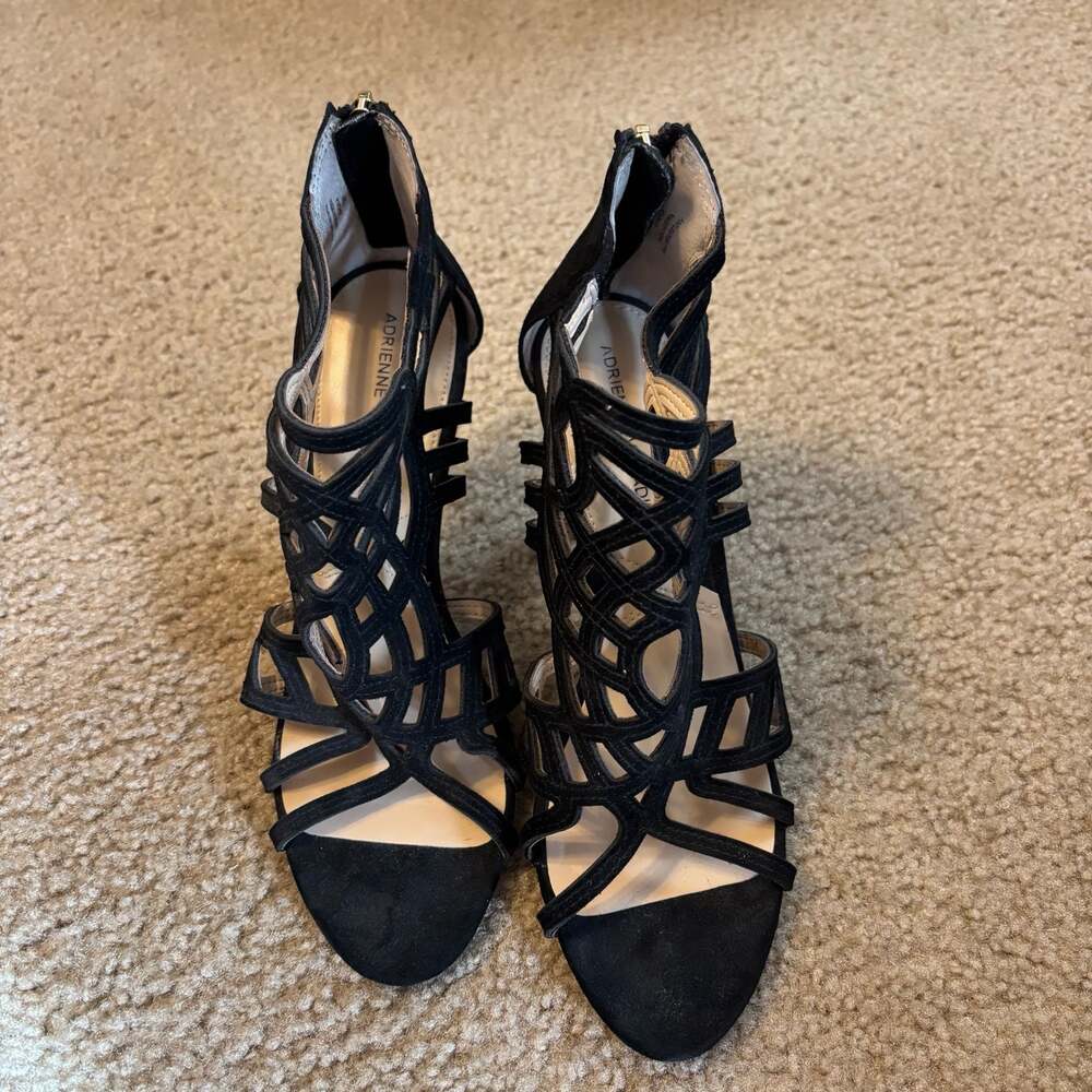 Adrienne Vittadini Black Suede Laser Cut Cage Heeled Sandals Size 8M